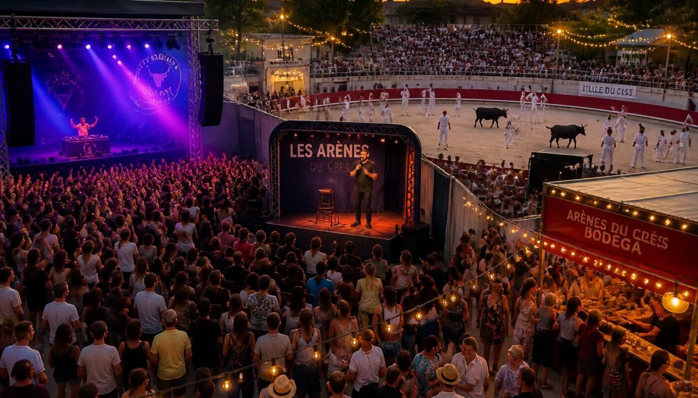 découvrez le programme explosif des arènes du crès pour la saison à venir : humour, concerts, festival électro et animations taurines pour tous les goûts et toutes les passions.